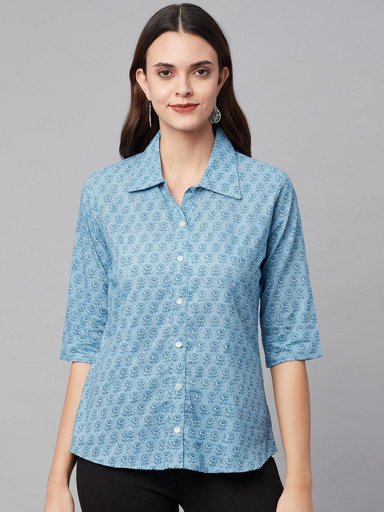 Women's Sky Blue Block Printed Casual Shirts
