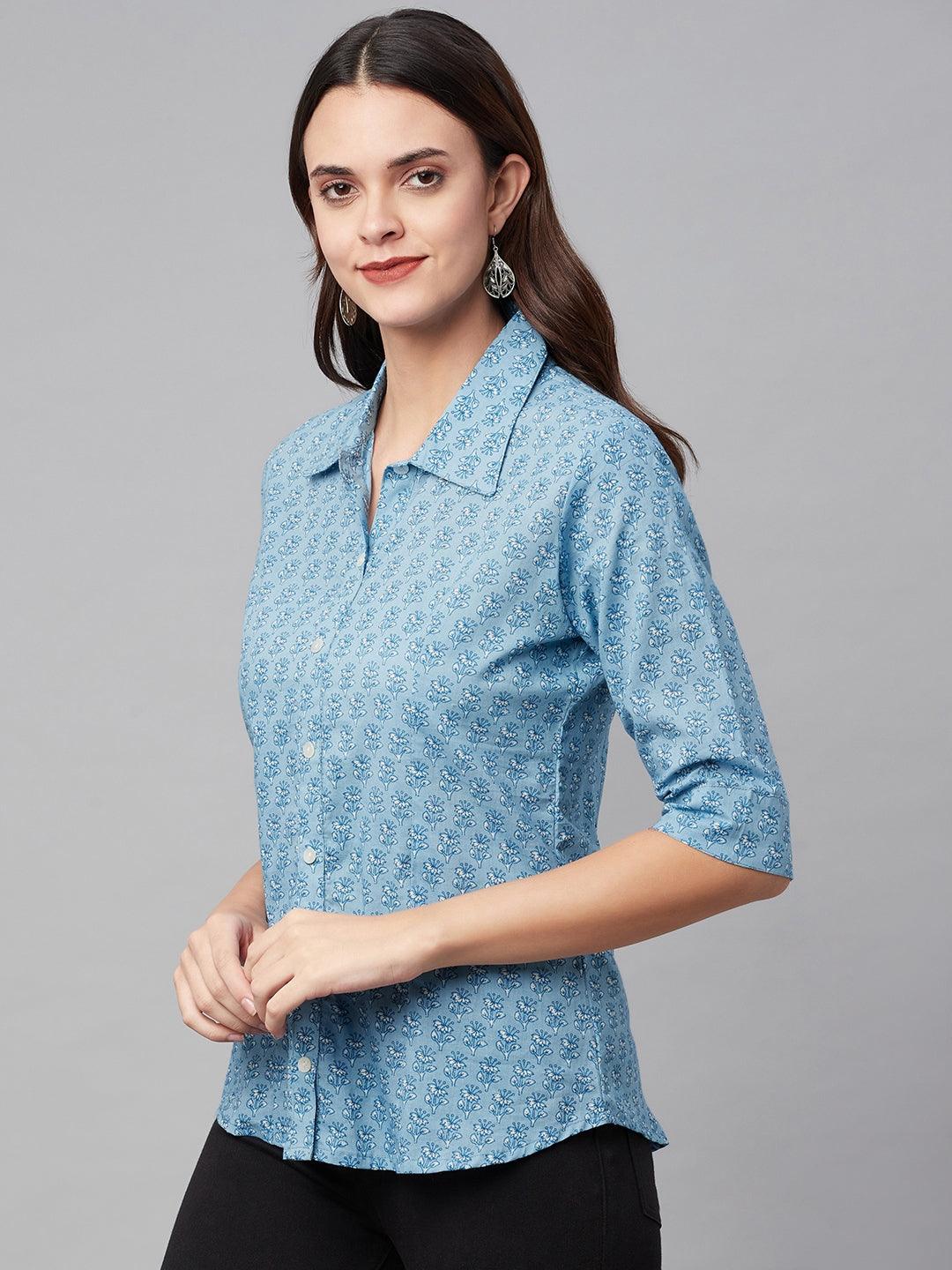 Women's Sky Blue Block Printed Casual Shirts - Taantav