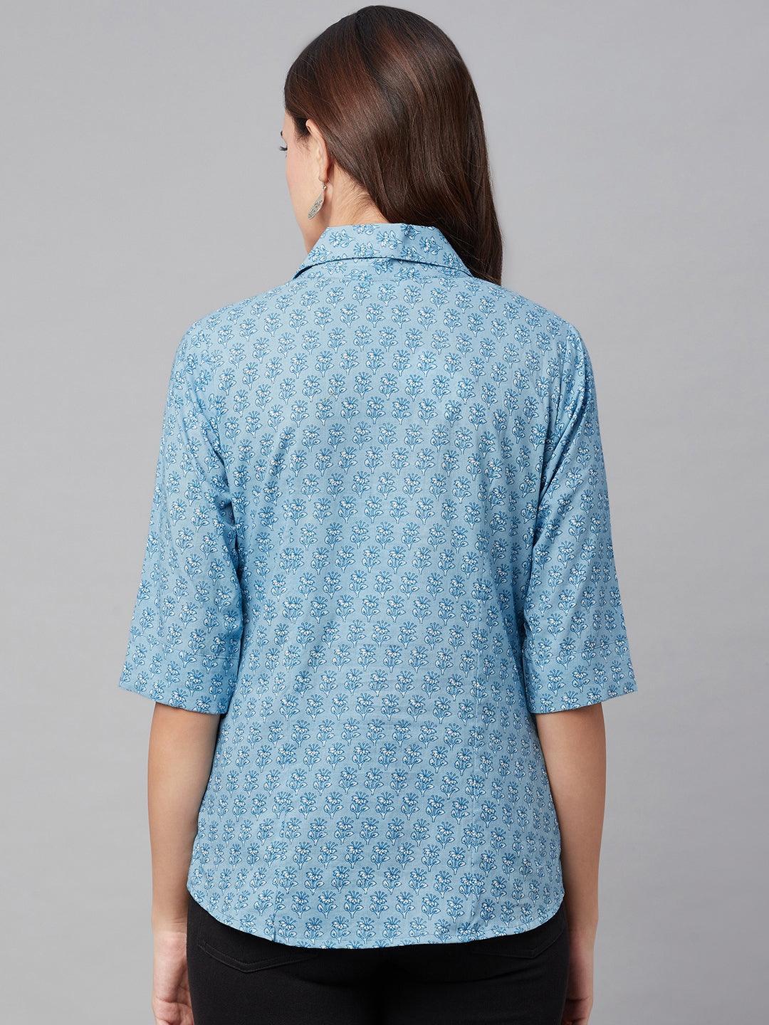 Women's Sky Blue Block Printed Casual Shirts - Taantav