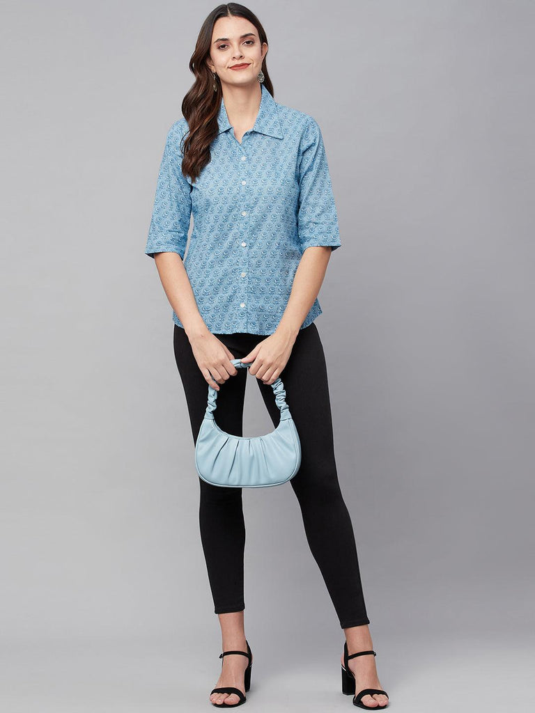 Women's Sky Blue Block Printed Casual Shirts