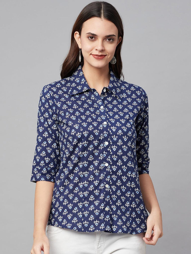 Women's indigo Block Printed Casual Shirts