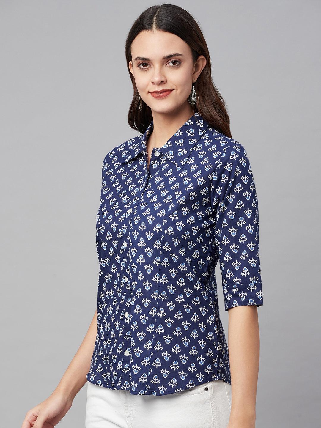 Women's indigo Block Printed Casual Shirts - Taantav