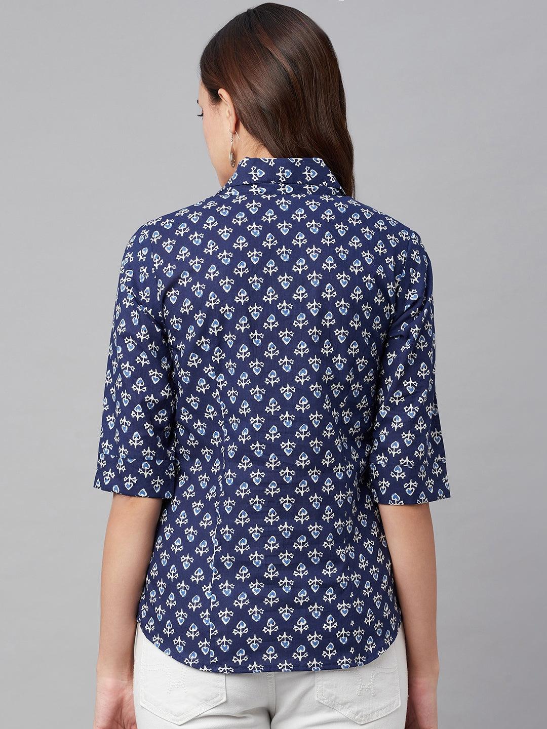 Women's indigo Block Printed Casual Shirts - Taantav