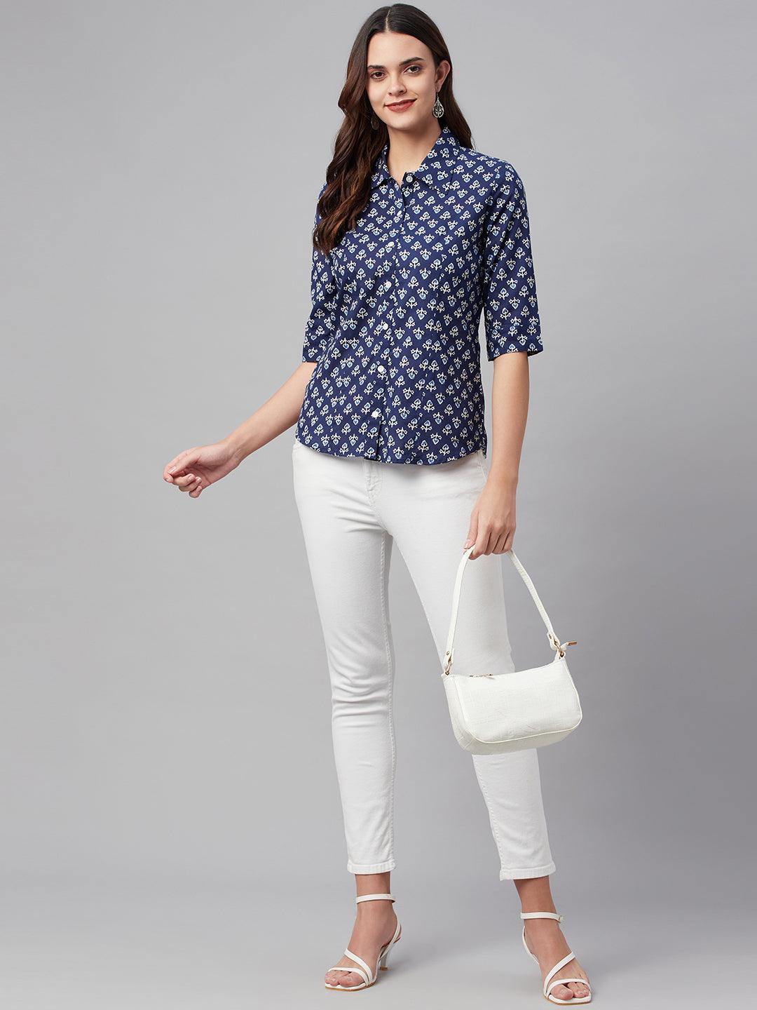 Women's indigo Block Printed Casual Shirts - Taantav