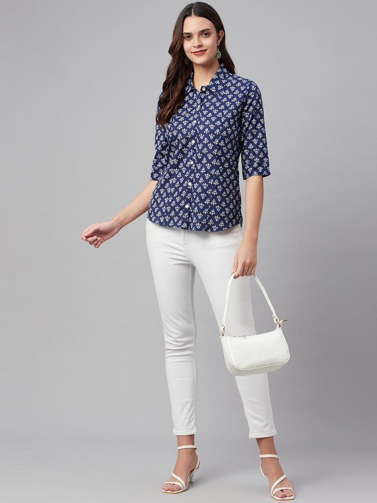 Women's indigo Block Printed Casual Shirts