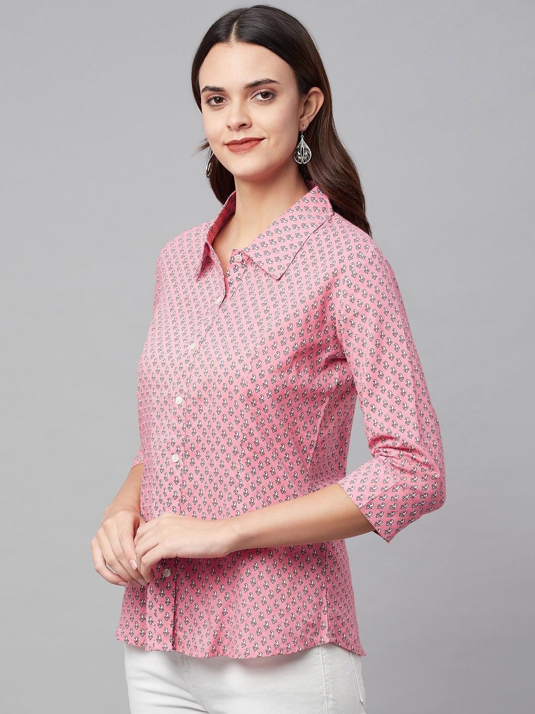 Women's Baby Pink Block Printed Casual Shirts - Taantav