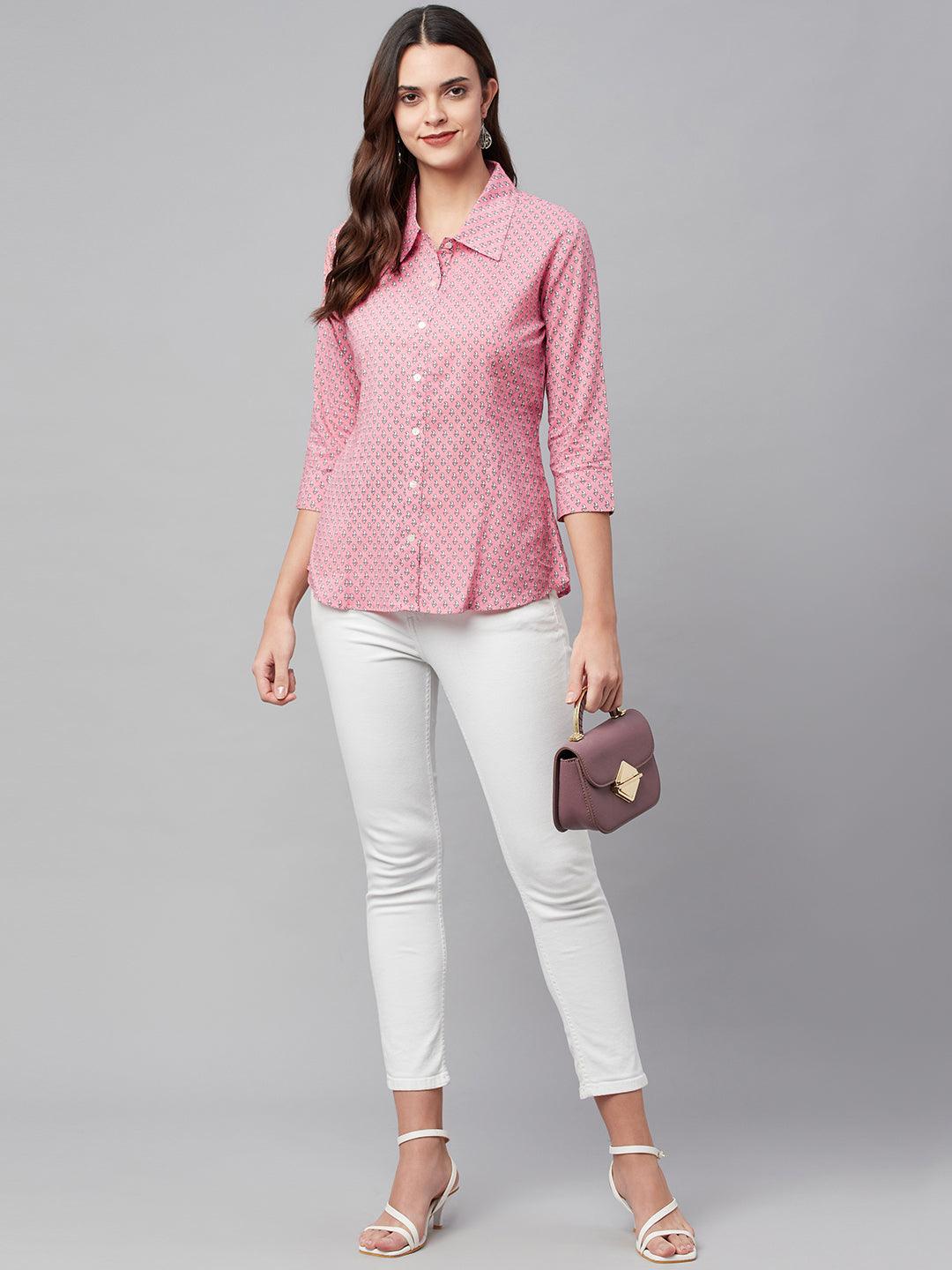 Women's Baby Pink Block Printed Casual Shirts - Taantav