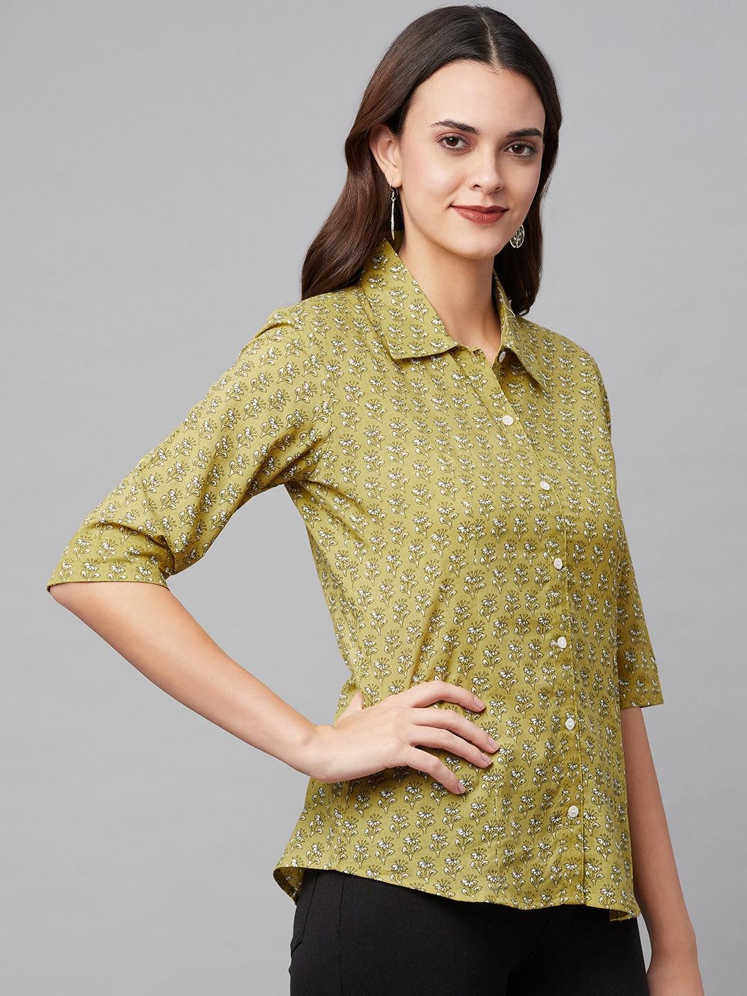 Women's Mehndi Green Block Printed Casual Shirts - Taantav