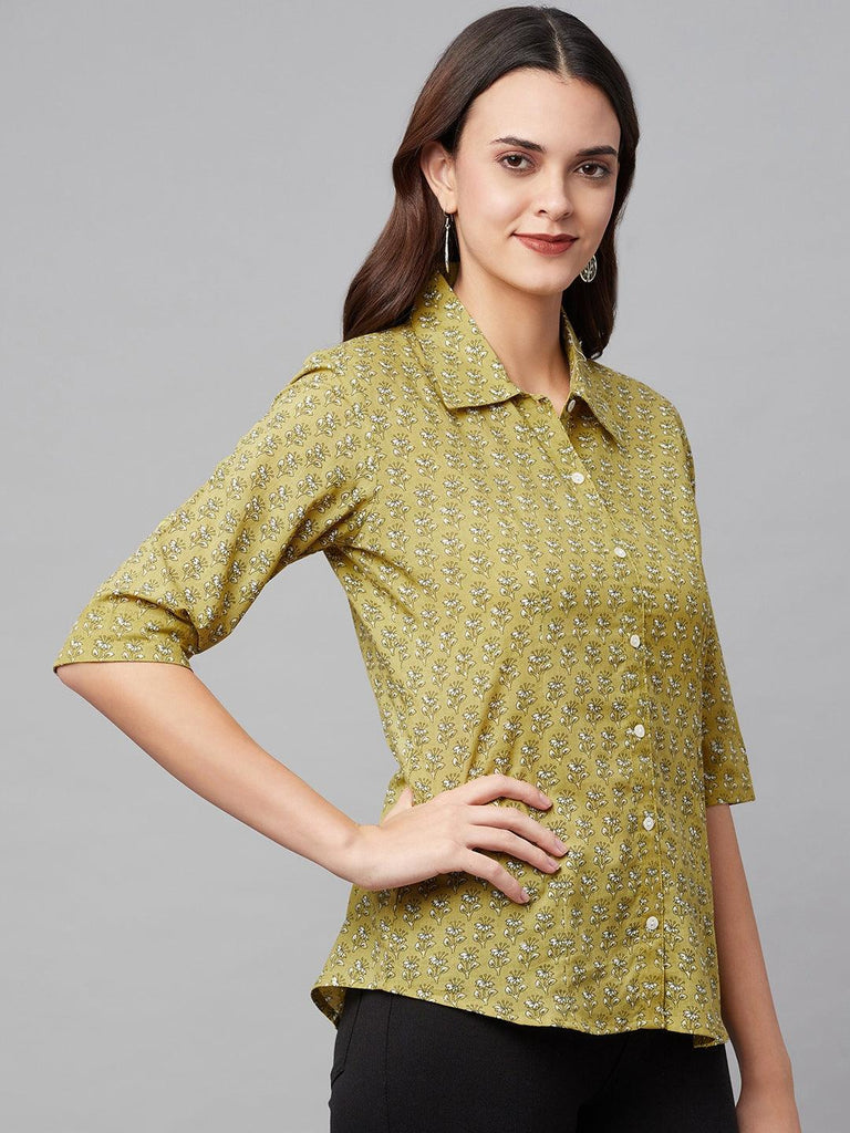 Women's Mehndi Green Block Printed Casual Shirts