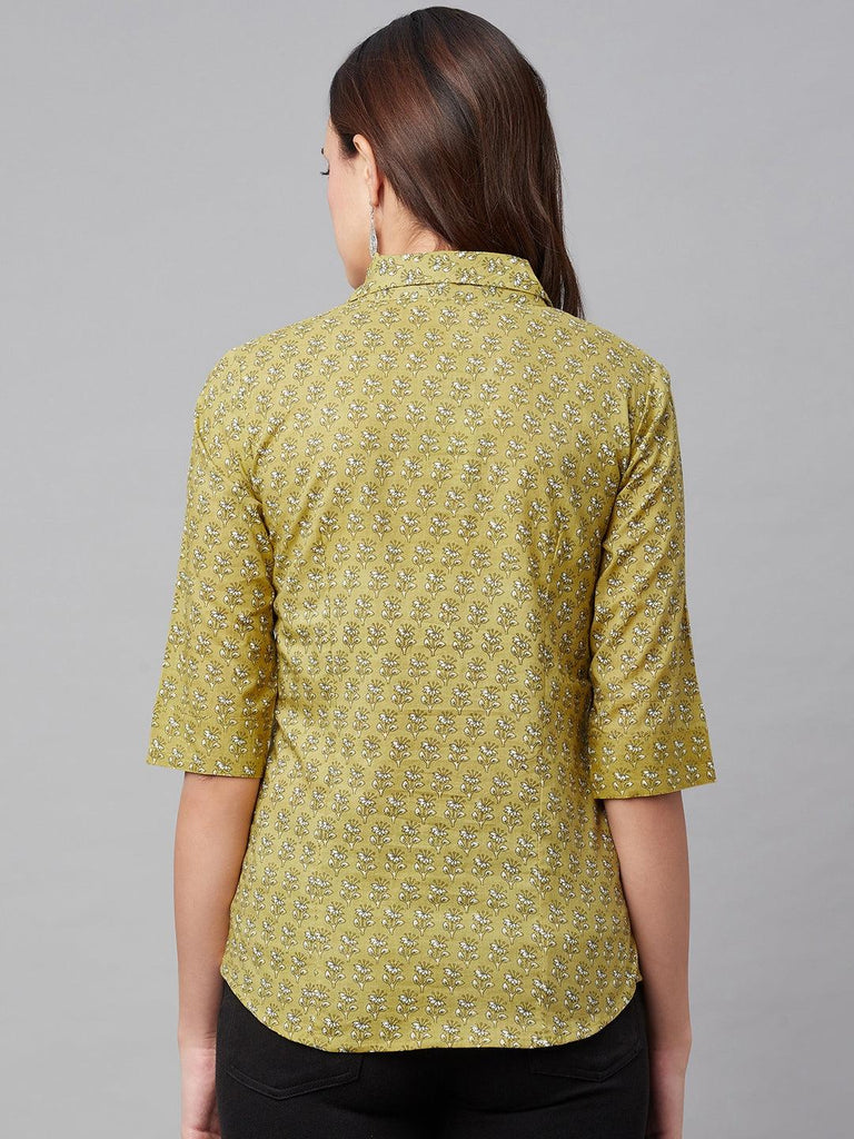 Women's Mehndi Green Block Printed Casual Shirts