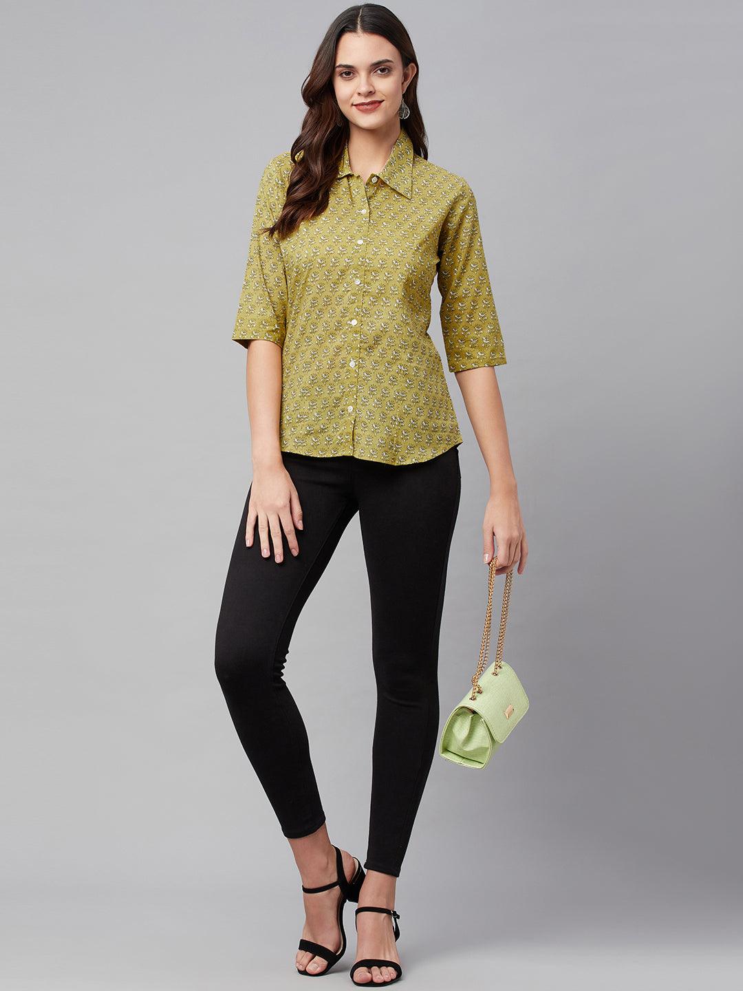 Women's Mehndi Green Block Printed Casual Shirts - Taantav