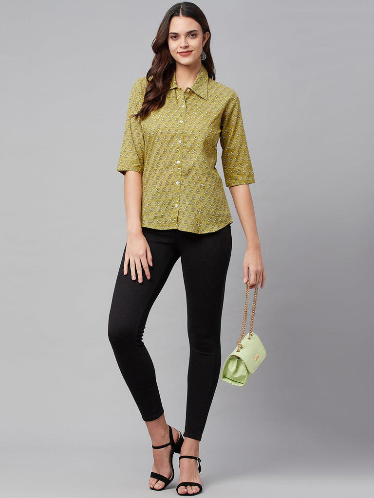 Women's Mehndi Green Block Printed Casual Shirts