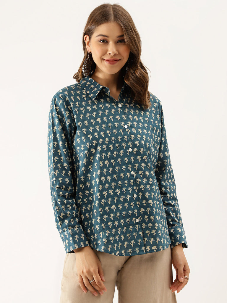 Women's Turquoise Blue Ethnic Motif Printed Casual Shirts