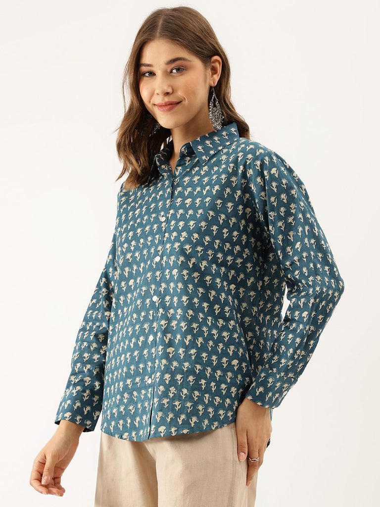 Women's Turquoise Blue Ethnic Motif Printed Casual Shirts