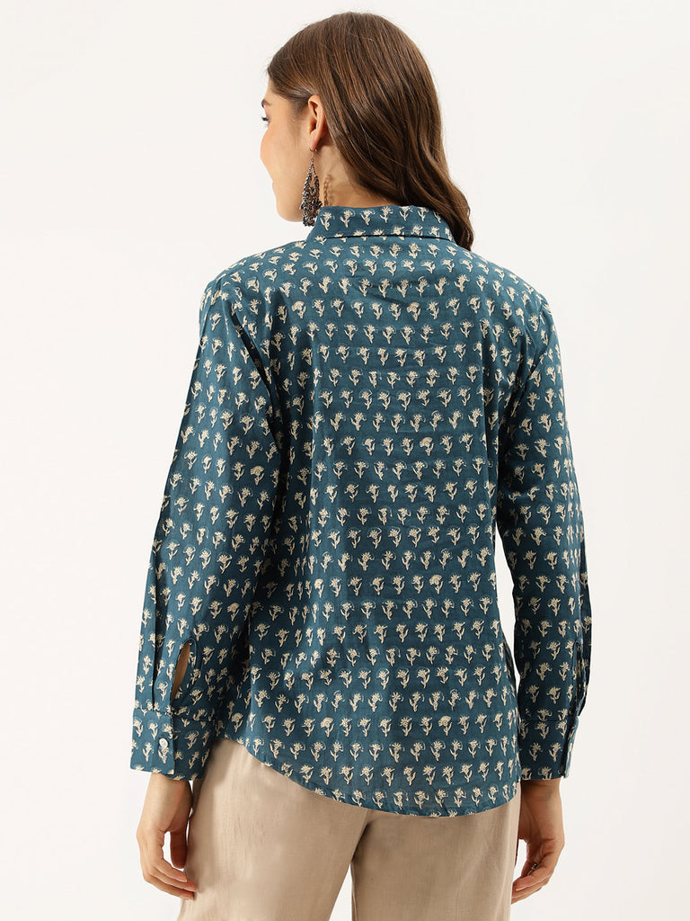 Women's Turquoise Blue Ethnic Motif Printed Casual Shirts