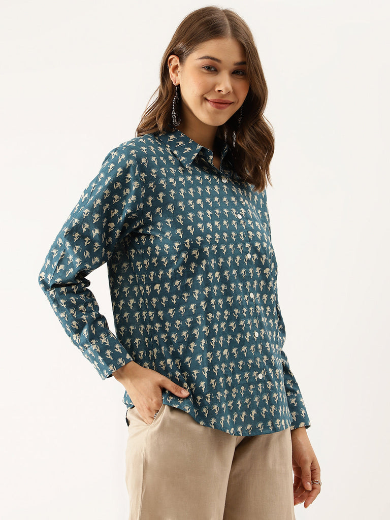 Women's Turquoise Blue Ethnic Motif Printed Casual Shirts
