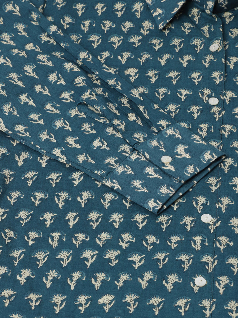 Women's Turquoise Blue Ethnic Motif Printed Casual Shirts