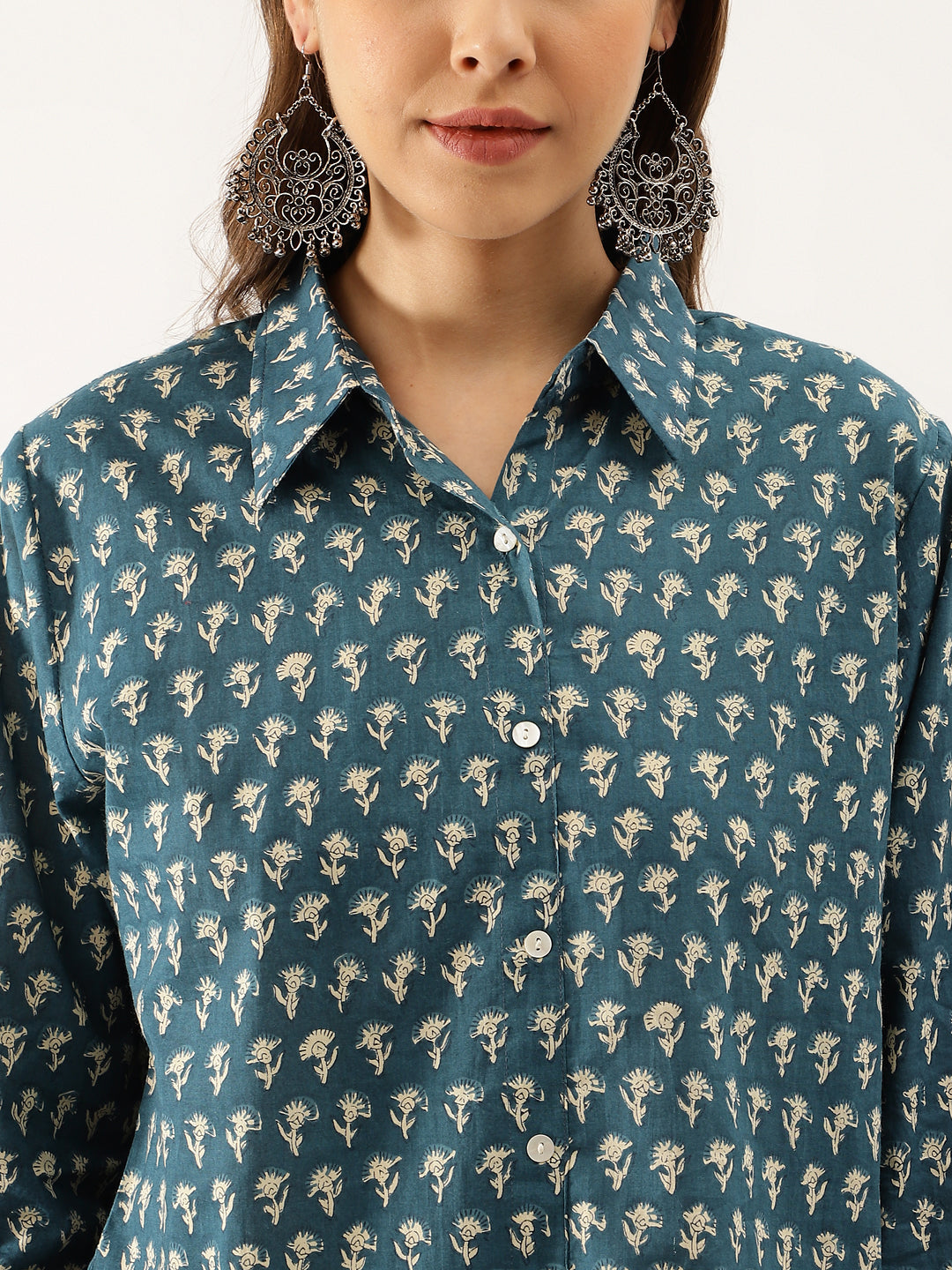 Women's Turquoise Blue Ethnic Motif Printed Casual Shirts - Taantav