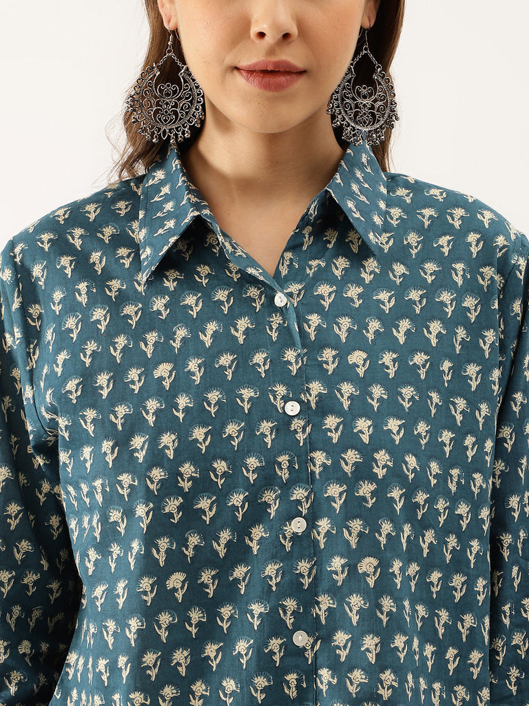 Women's Turquoise Blue Ethnic Motif Printed Casual Shirts