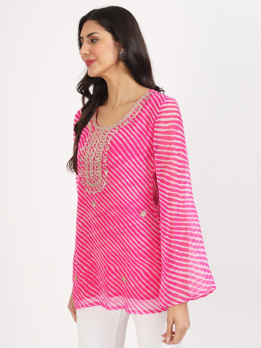 Women's Pink Leheriya Print Georgette Kurti - Taantav