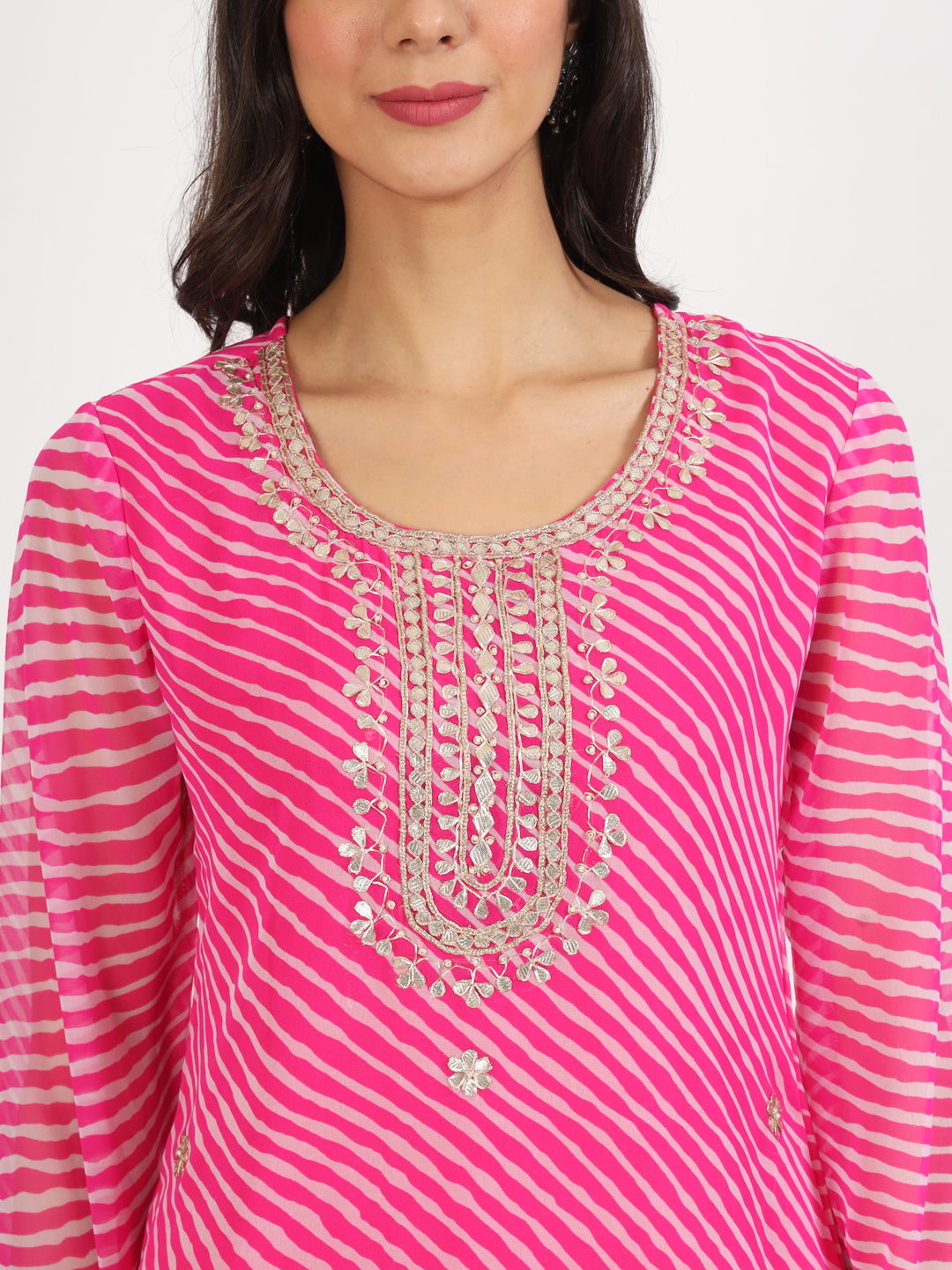 Women's Pink Leheriya Print Georgette Kurti - Taantav