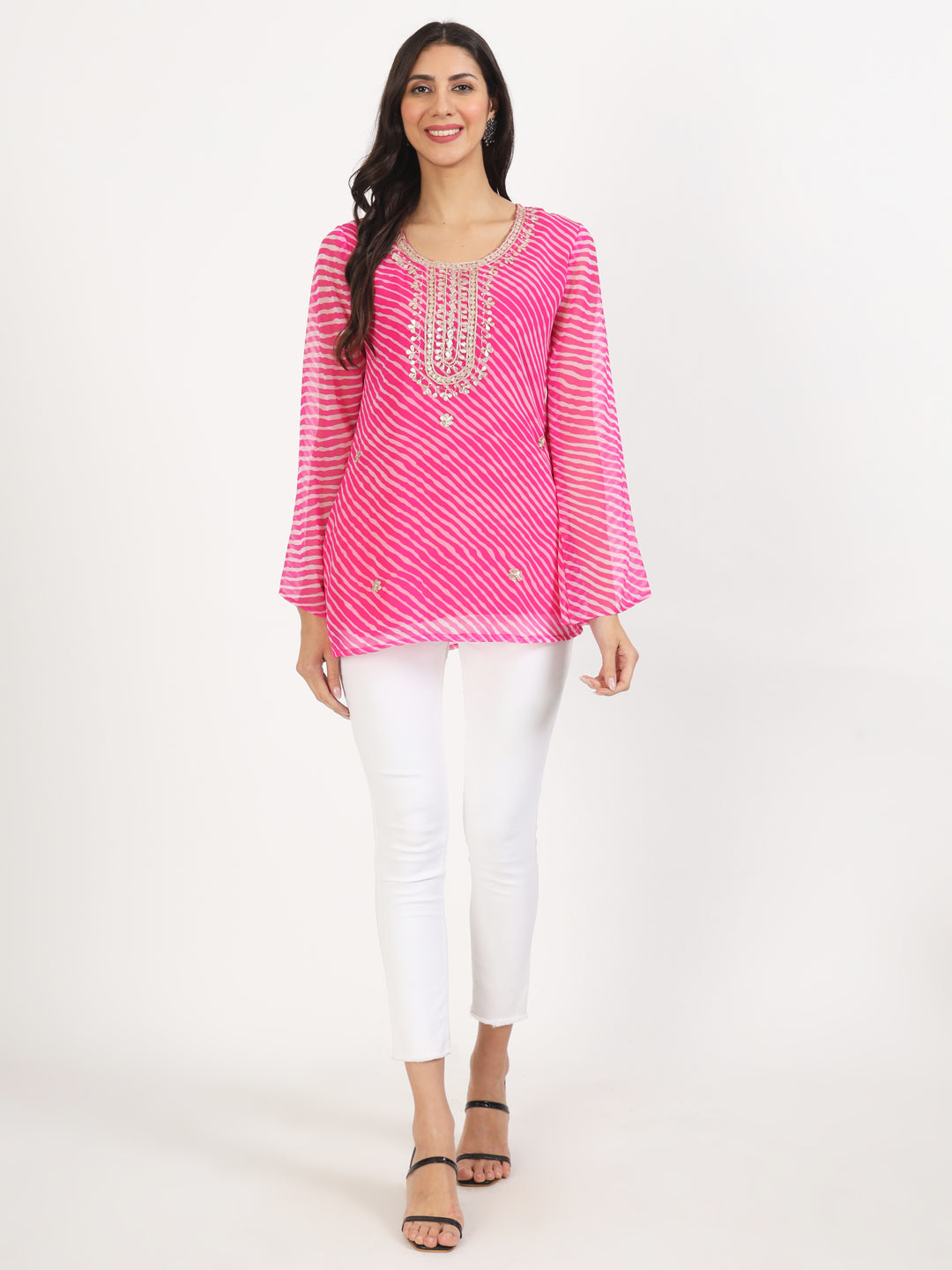 Women's Pink Leheriya Print Georgette Kurti - Taantav