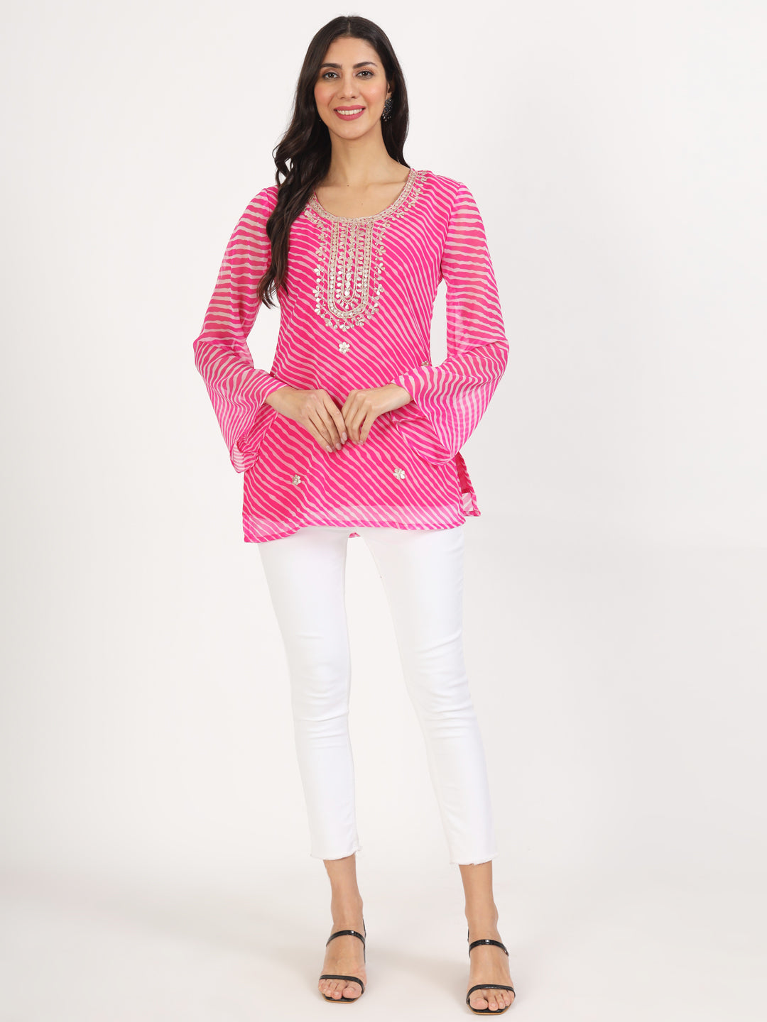 Women's Pink Leheriya Print Georgette Kurti - Taantav