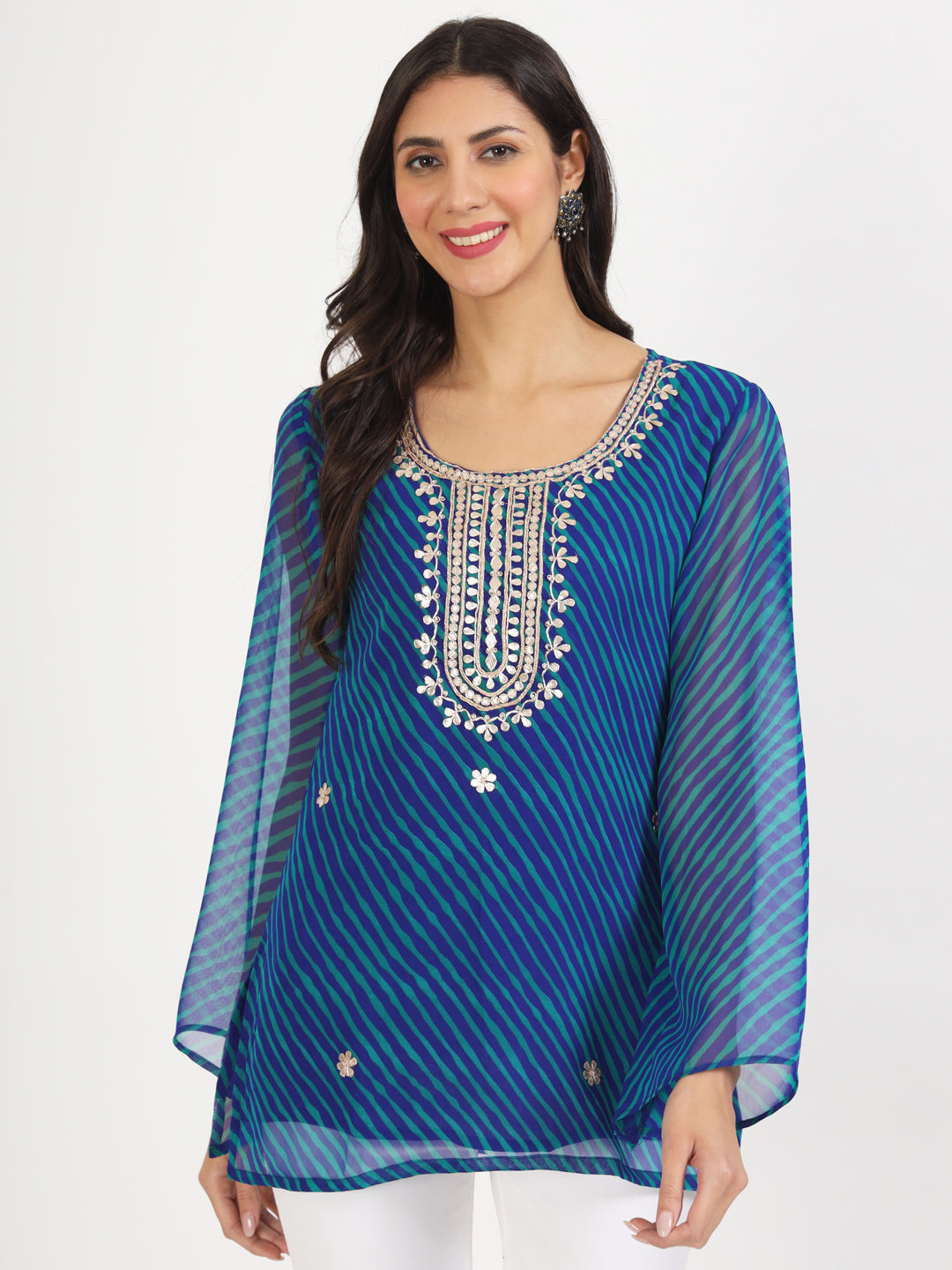 Women's Blue Leheriya Print Georgette Kurti - Taantav