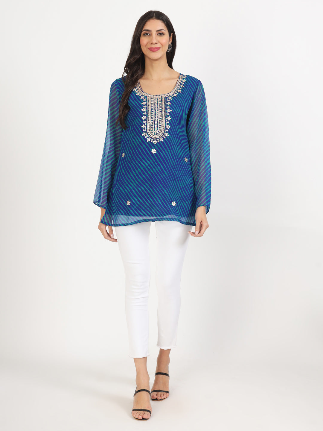 Women's Blue Leheriya Print Georgette Kurti - Taantav