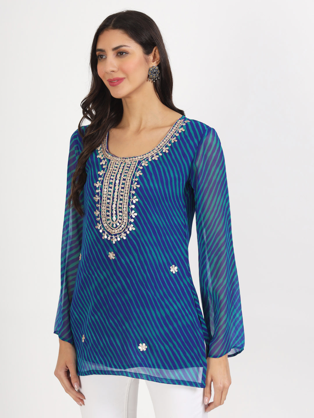 Women's Blue Leheriya Print Georgette Kurti - Taantav