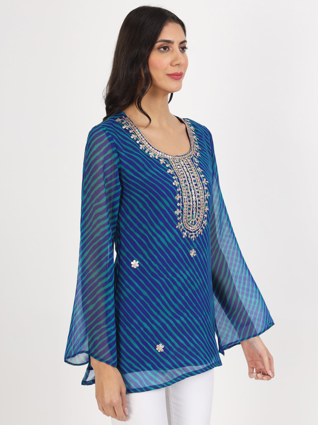 Women's Blue Leheriya Print Georgette Kurti - Taantav