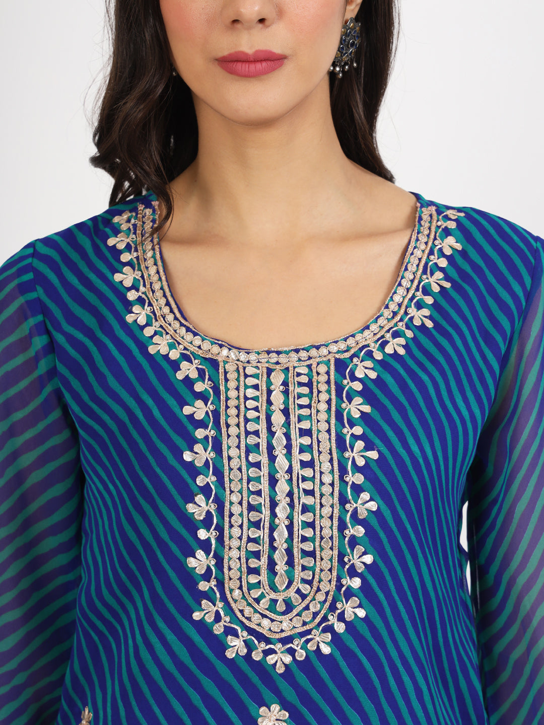 Women's Blue Leheriya Print Georgette Kurti - Taantav