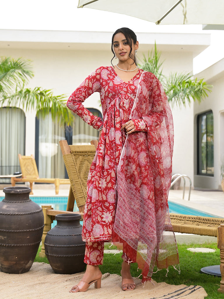 Women's Floral Printed Red Cotton Alia Cut Kurta Set for women