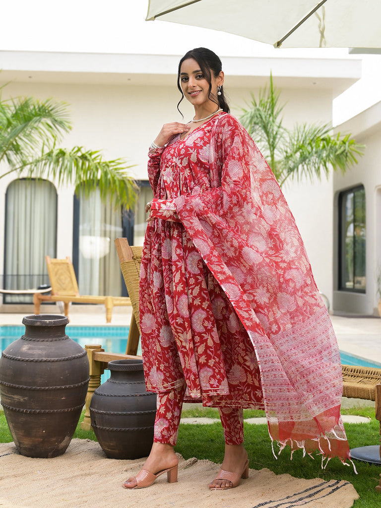 Women's Floral Printed Red Cotton Alia Cut Kurta Set for women