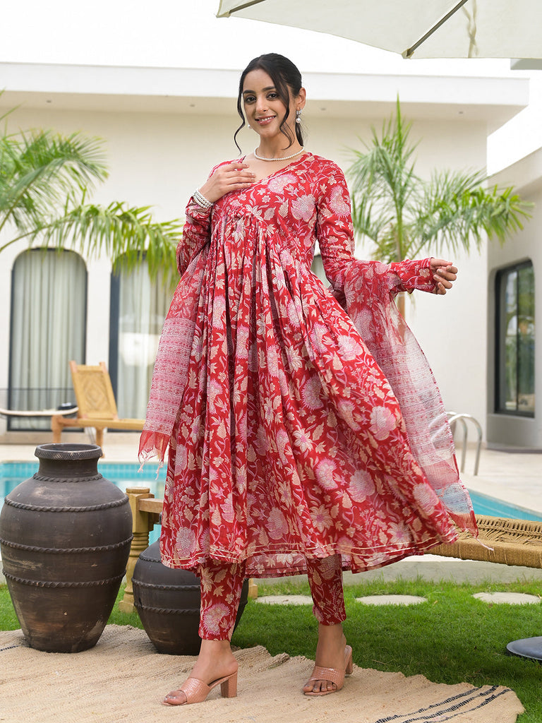 Women's Floral Printed Red Cotton Alia Cut Kurta Set for women
