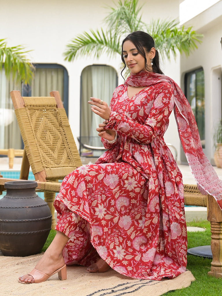 Women's Floral Printed Red Cotton Alia Cut Kurta Set for women