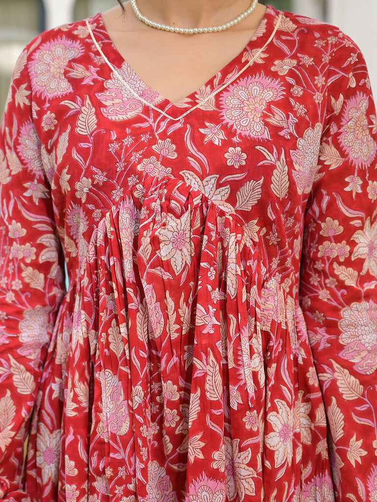 Women's Floral Printed Red Cotton Alia Cut Kurta Set for women