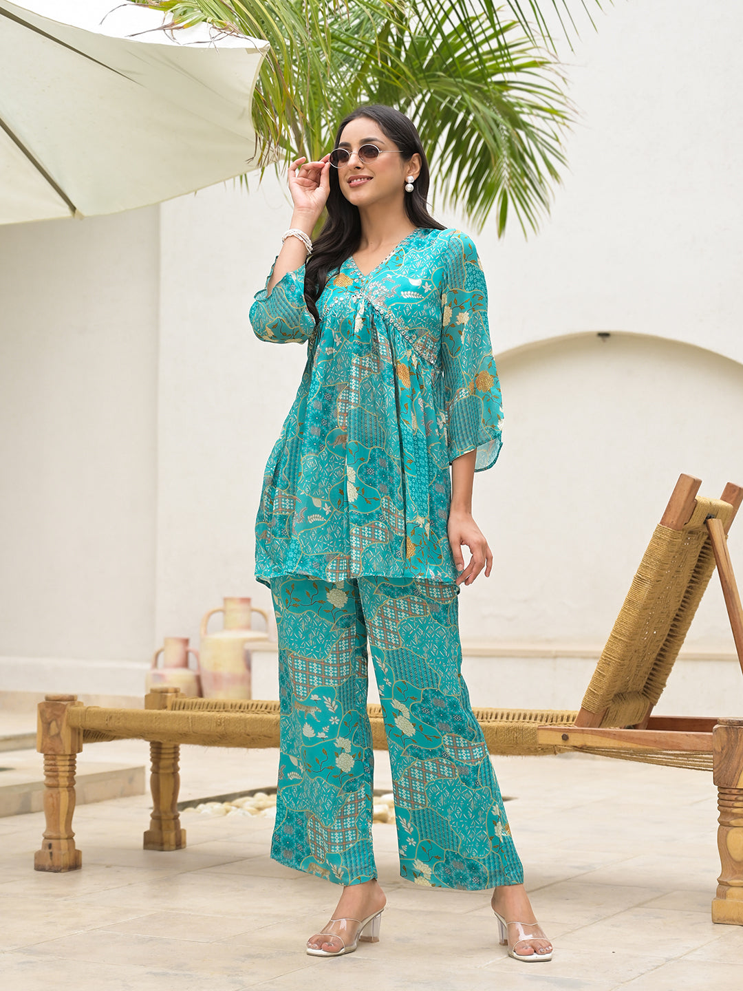 Women's Turquoise Digital Print Muslin Co-ord set - Taantav