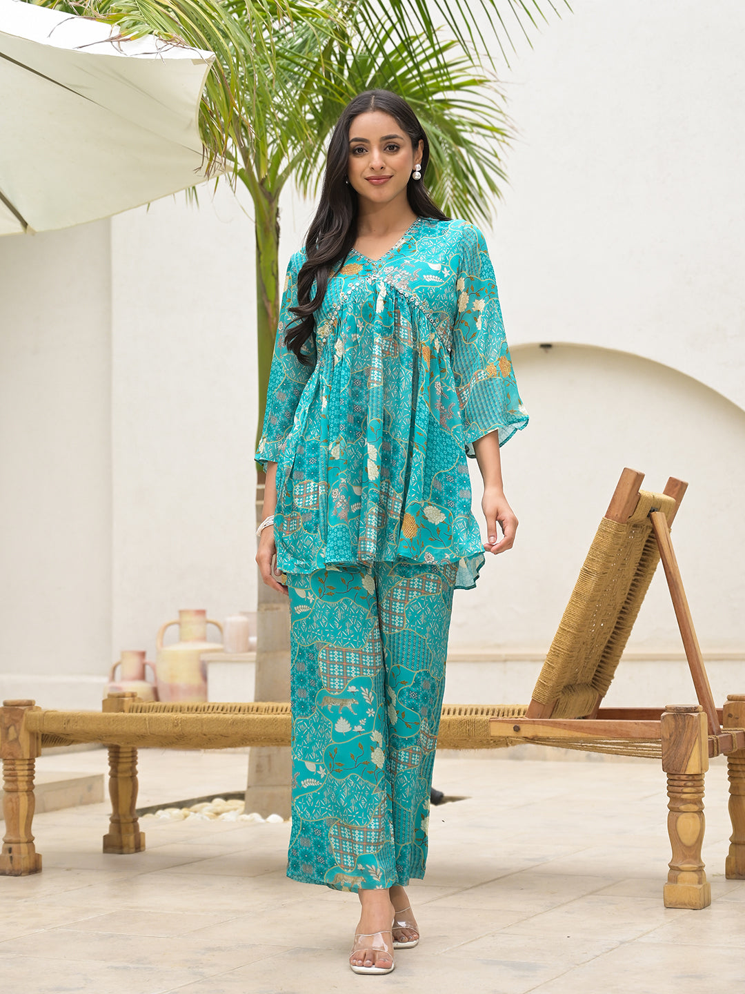 Women's Turquoise Digital Print Muslin Co-ord set - Taantav