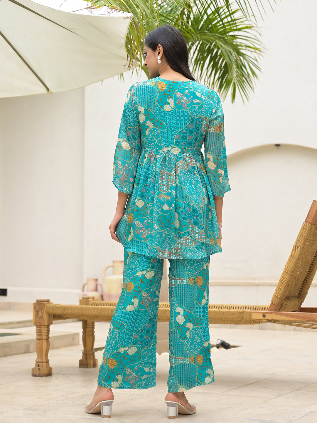 Women's Turquoise Digital Print Muslin Co-ord set - Taantav