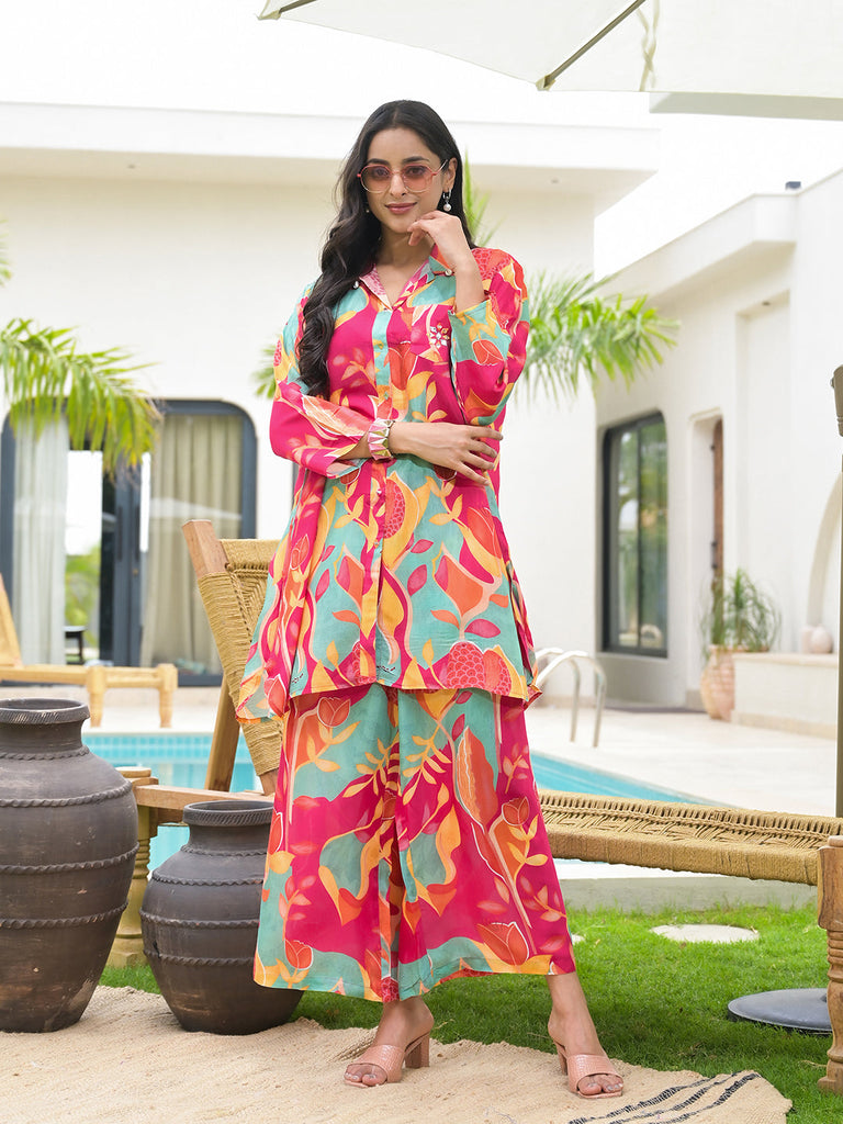 Women's Pink Multi Digital Printed Muslin Co-ord set