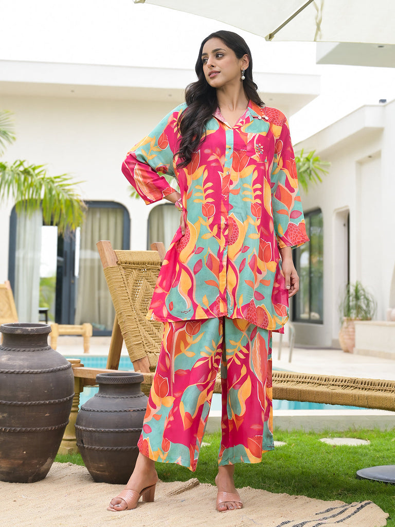 Women's Pink Multi Digital Printed Muslin Co-ord set