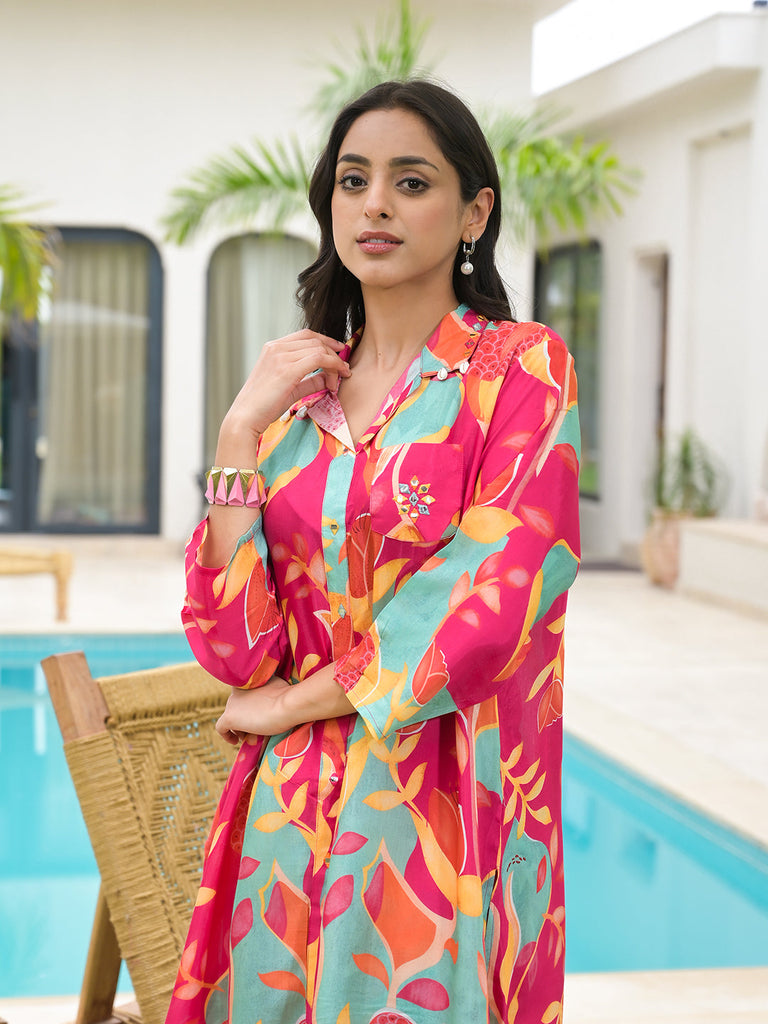 Women's Pink Multi Digital Printed Muslin Co-ord set