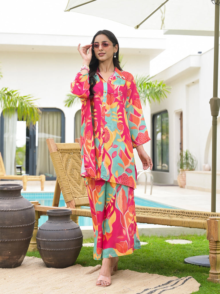 Women's Pink Multi Digital Printed Muslin Co-ord set