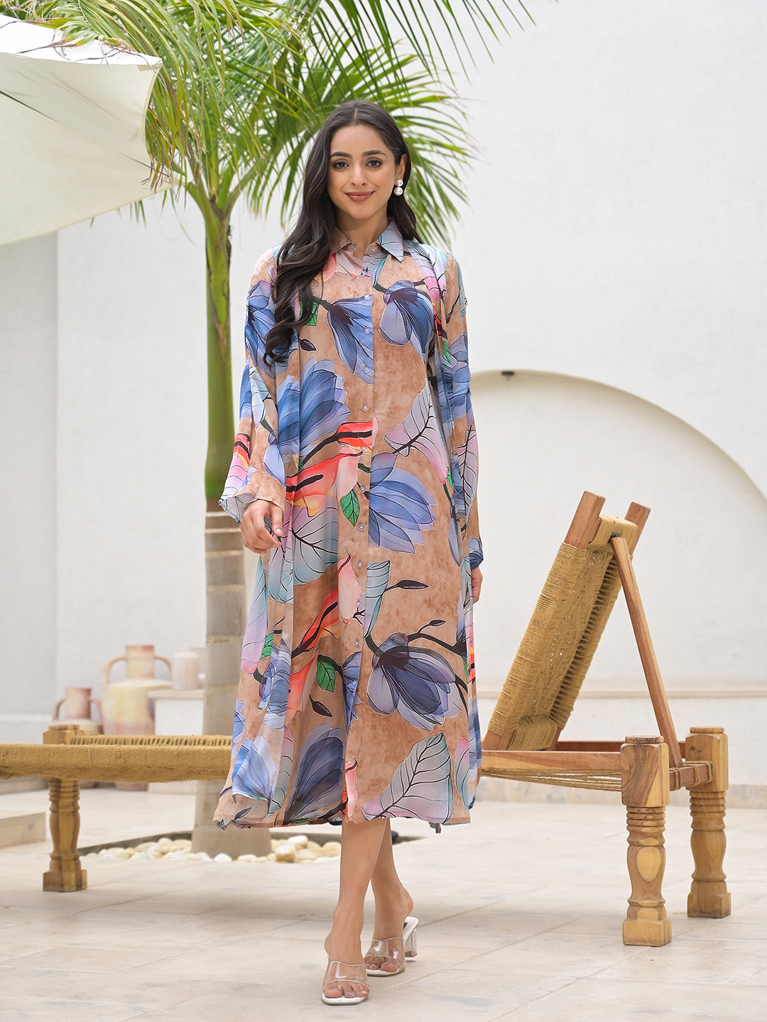 Women's Blue Multi Digital Printed Chinon Kaftan Dress - Taantav