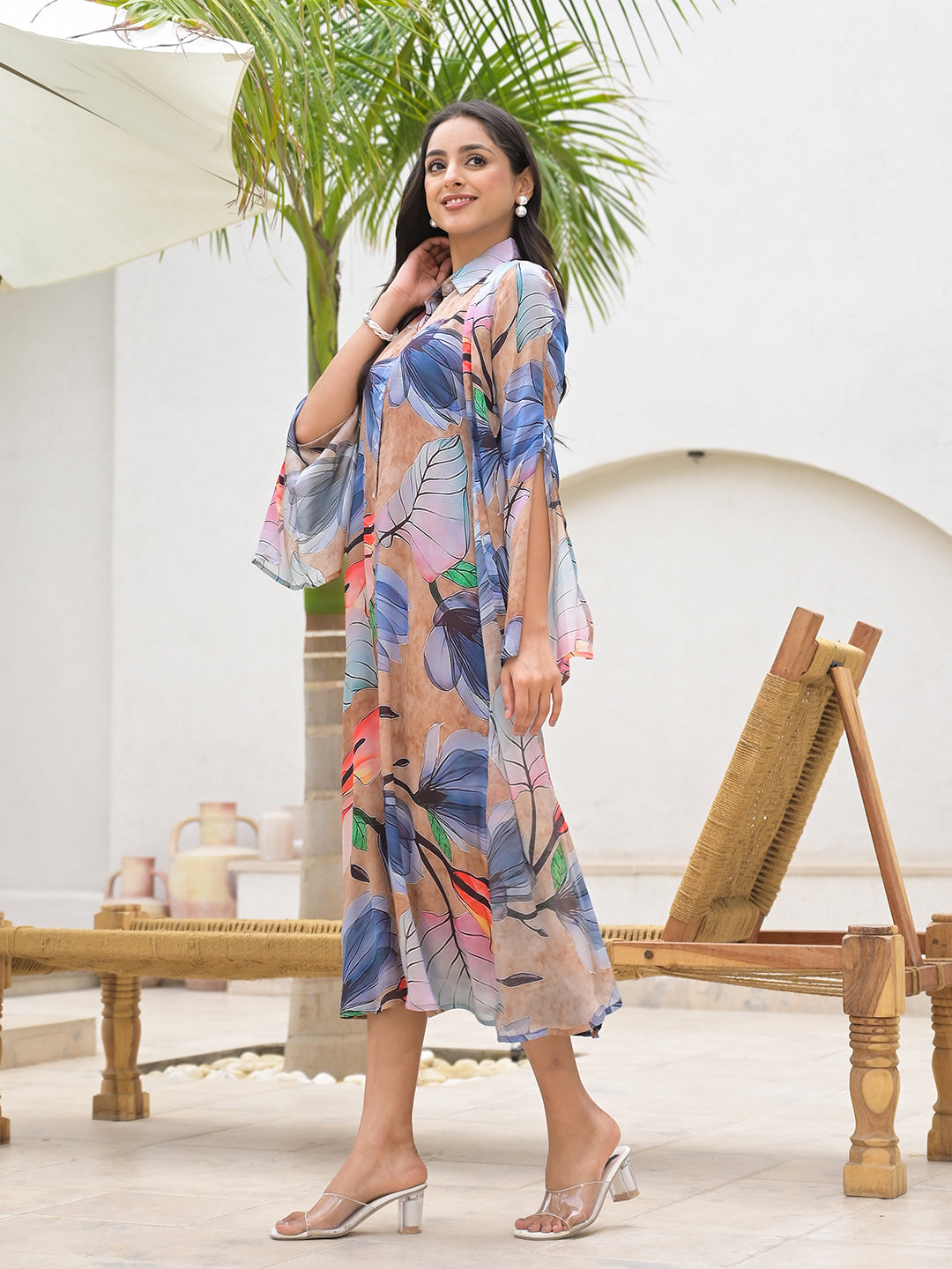 Women's Blue Multi Digital Printed Chinon Kaftan Dress - Taantav