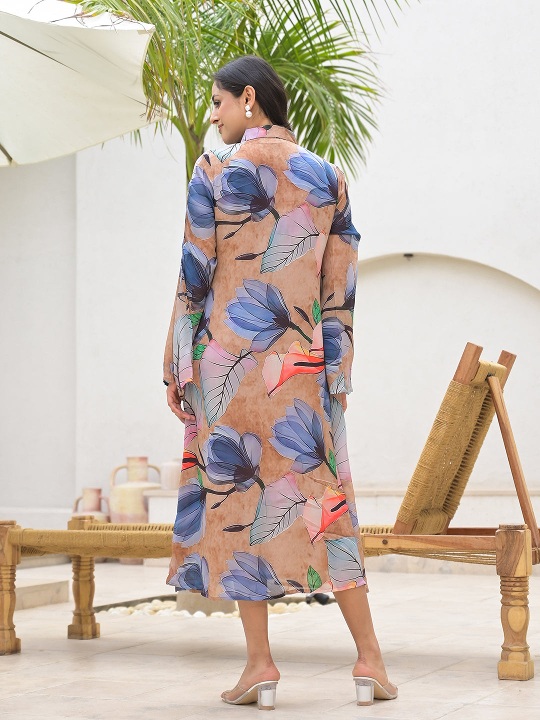 Women's Blue Multi Digital Printed Chinon Kaftan Dress - Taantav