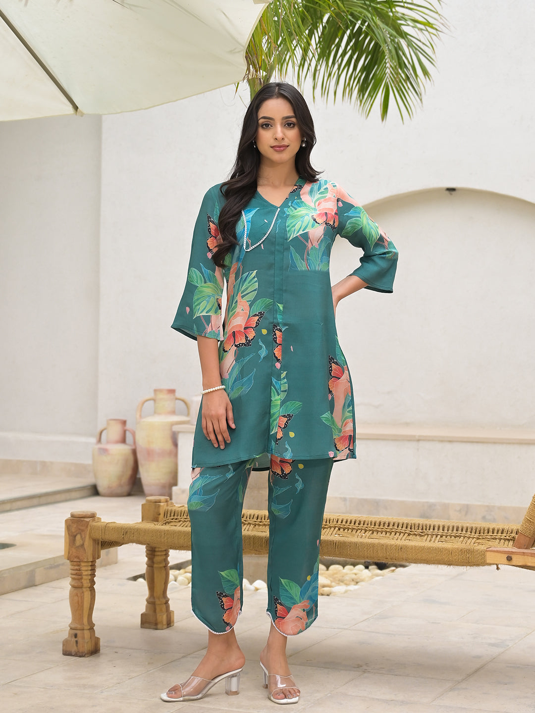 Women's Dark Green Digital Printed Muslin Co-ord set - Taantav