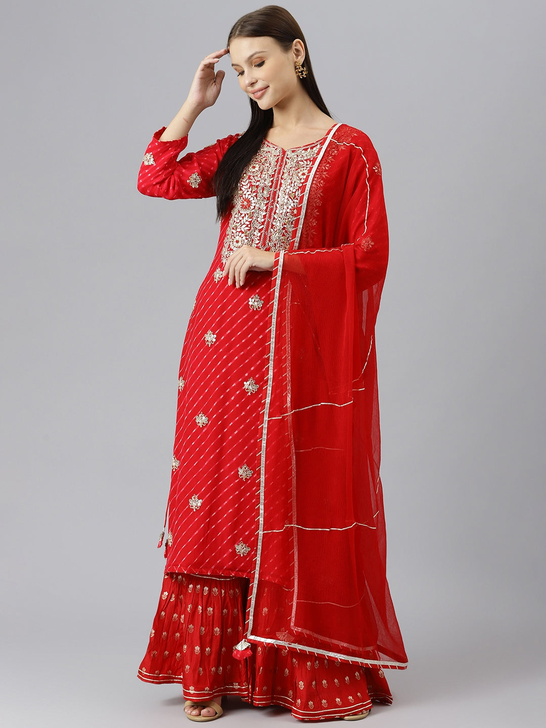 Women's Pure georgette Jaipuri Mothda Red Kurta Sharara Set with Dupatta - Taantav