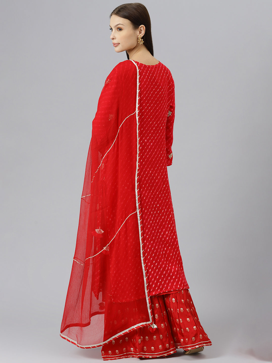 Women's Pure georgette Jaipuri Mothda Red Kurta Sharara Set with Dupatta - Taantav